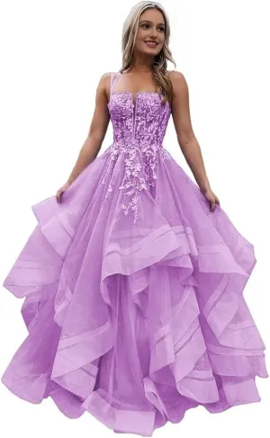 a-line Ruffle Prom Party Dress Spaghetti Straps lace Applique Formal Gowns and Evening Dresses
