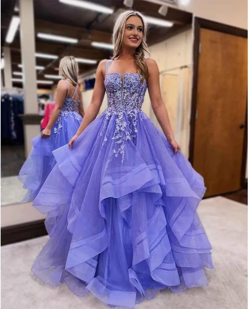 a-line Ruffle Prom Party Dress Spaghetti Straps lace Applique Formal Gowns and Evening Dresses