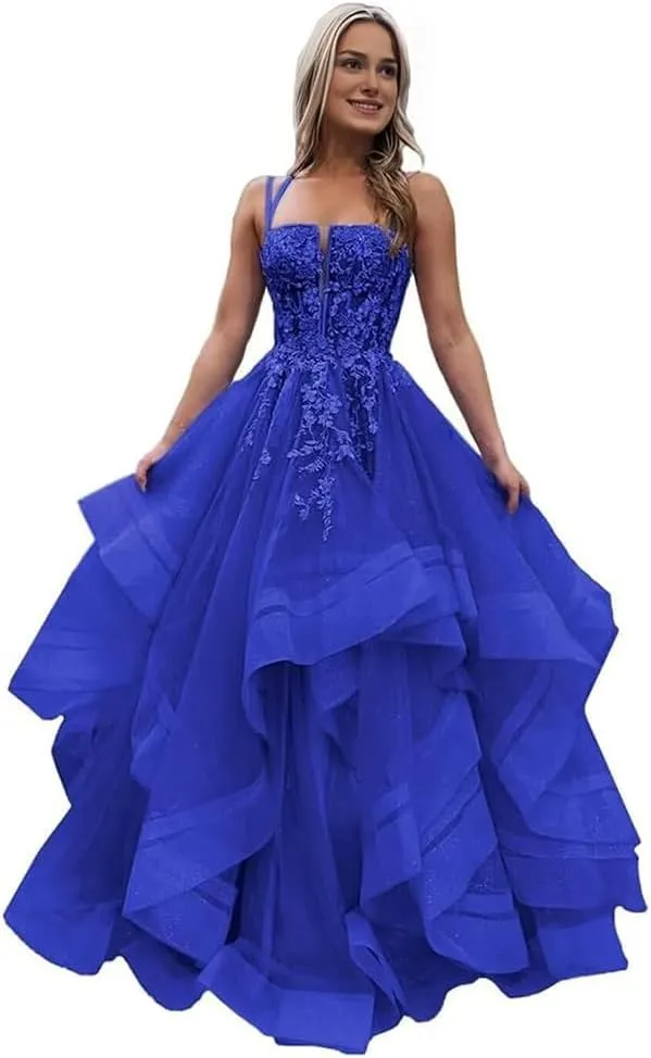 a-line Ruffle Prom Party Dress Spaghetti Straps lace Applique Formal Gowns and Evening Dresses