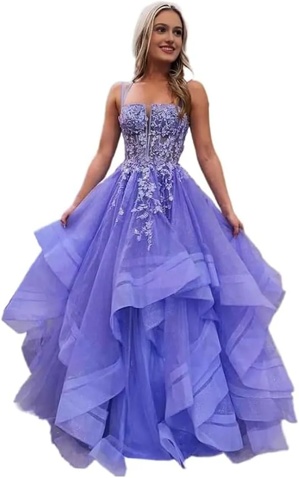 a-line Ruffle Prom Party Dress Spaghetti Straps lace Applique Formal Gowns and Evening Dresses