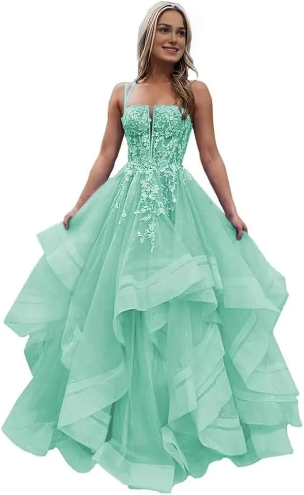 a-line Ruffle Prom Party Dress Spaghetti Straps lace Applique Formal Gowns and Evening Dresses