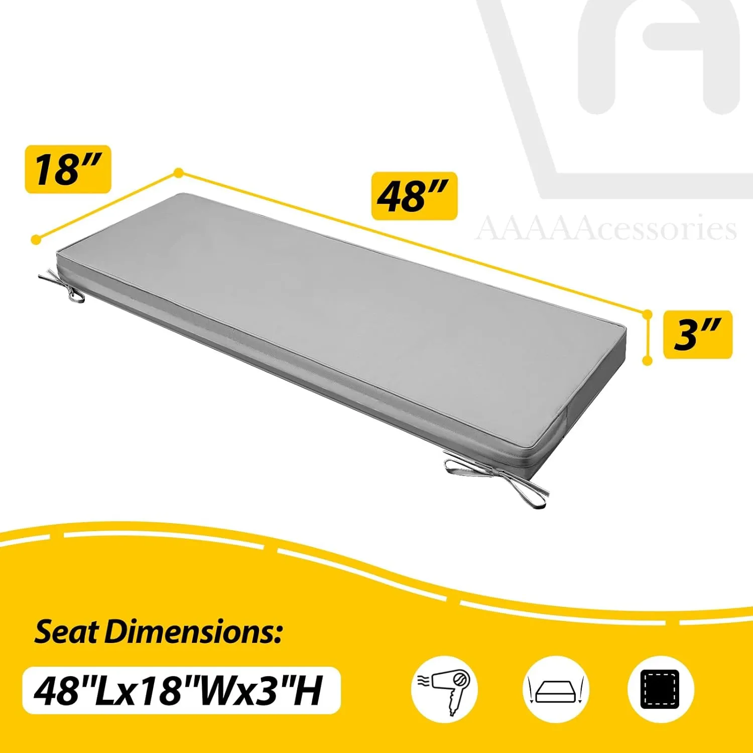 AAAAAcessories Outdoor Bench Cushion, Waterproof, Fade-Resistant Patio Furniture Replacement Cushions, 48" x 18" x 3", Gray