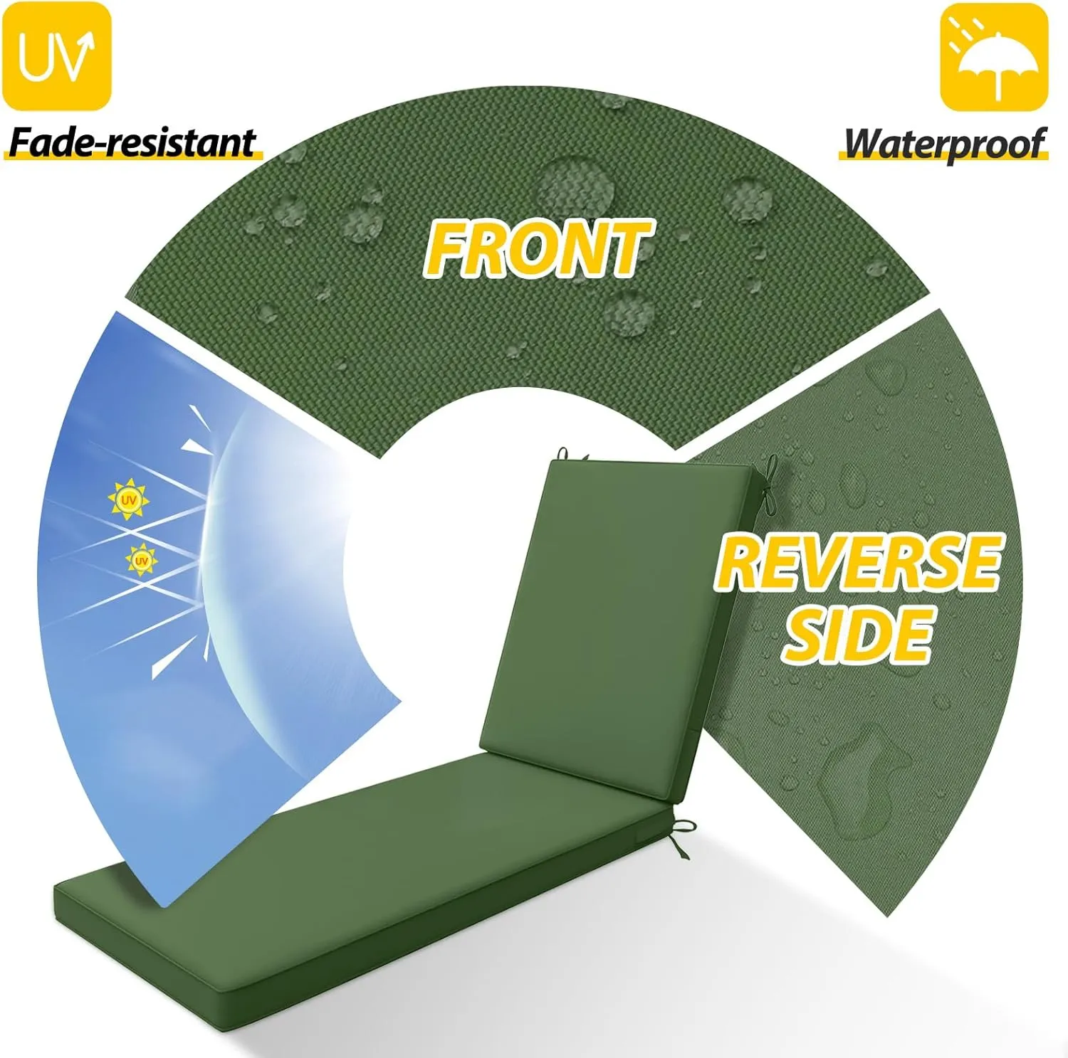 AAAAAcessories Outdoor Chaise Lounge Cushions, Waterproof, Fade-Resistant Patio Furniture Replacement Cushions, 74" x 23" x 3", Dark Moss Green