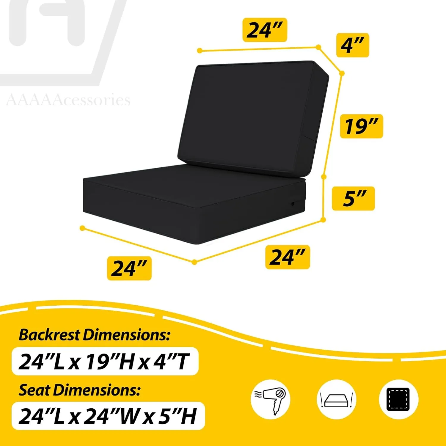 AAAAAcessories Outdoor Deep Seat Cushions, Foam Pillow, Waterproof, Fade-Resistant Patio Furniture Replacement Cushions, 24" x 24" x 5", Black