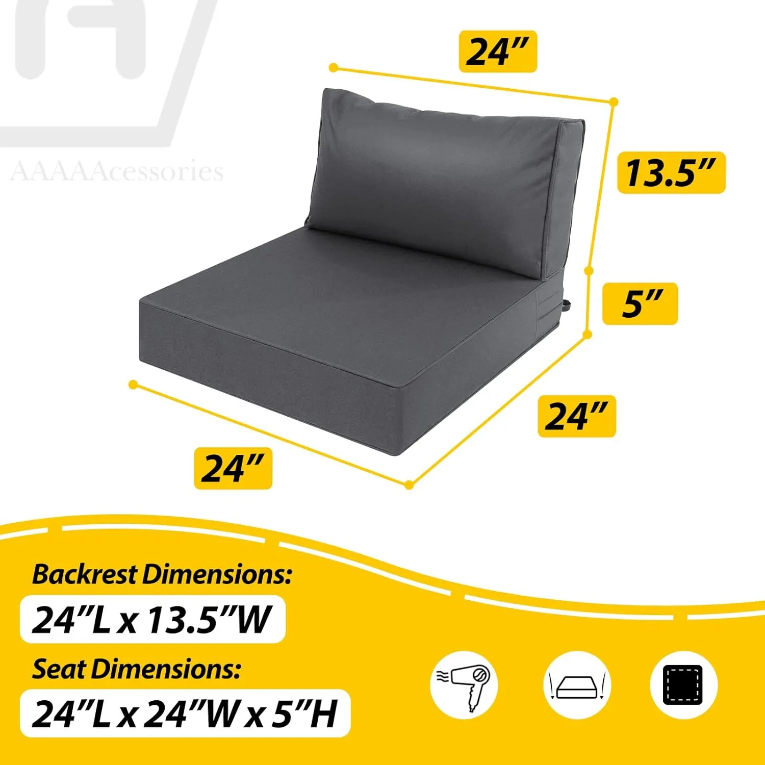 AAAAAcessories Outdoor Deep Seat Cushions, Waterproof, Fade-Resistant Patio Furniture Replacement Cushions, 24" x 24" x 5"   24" x 13.5", Dark Gray