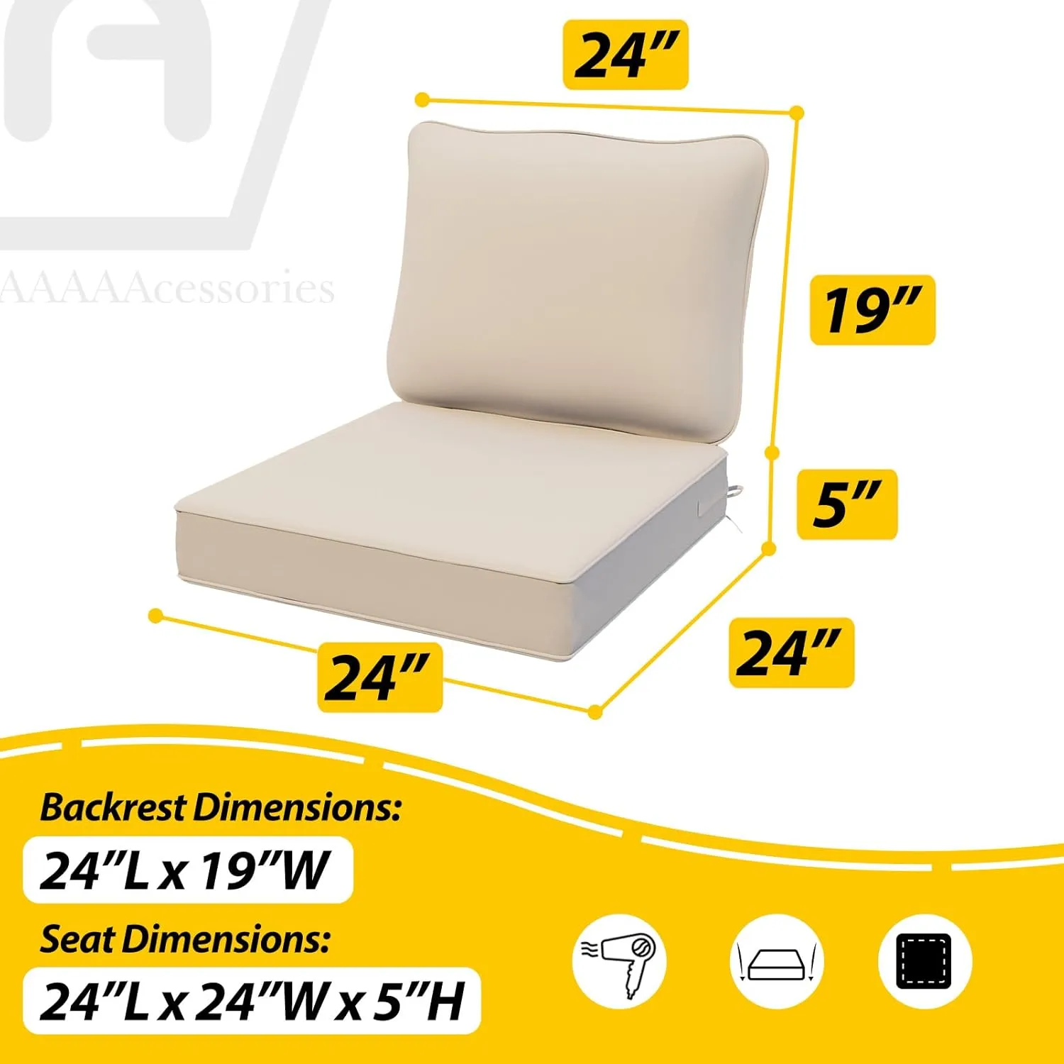 AAAAAcessories Outdoor Deep Seat Cushions, Waterproof, Fade-Resistant Patio Furniture Replacement Cushions, 24" x 24" x 5", Set of 4, Beige