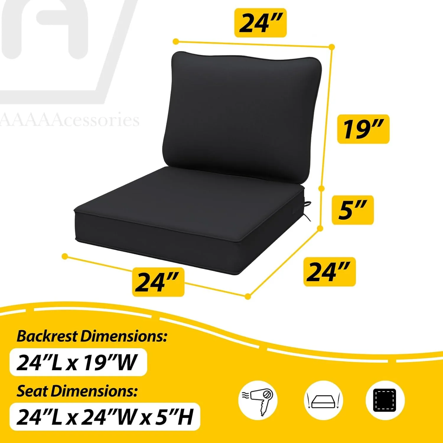 AAAAAcessories Outdoor Deep Seat Cushions, Waterproof, Fade-Resistant Patio Furniture Replacement Cushions, 24" x 24" x 5", Set of 4, Black