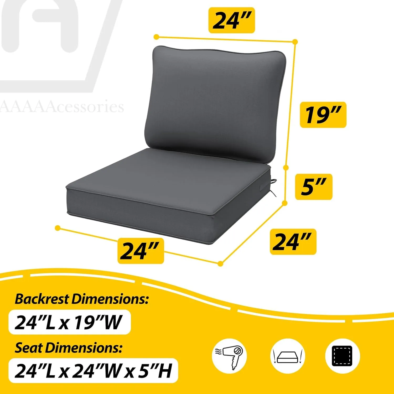 AAAAAcessories Outdoor Deep Seat Cushions, Waterproof, Fade-Resistant Patio Furniture Replacement Cushions, 24" x 24" x 5", Set of 4, Dark Gray