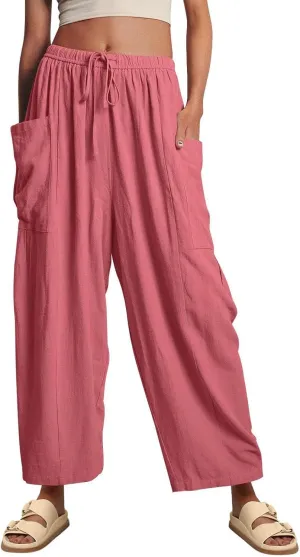 ABAFIP Women's Linen Palazzo Pants Summer Drawstring High Waisted Wide Leg Baggy Harem Pants with Pockets