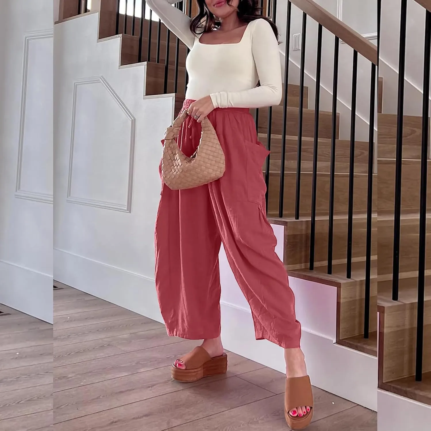 ABAFIP Women's Linen Palazzo Pants Summer Drawstring High Waisted Wide Leg Baggy Harem Pants with Pockets
