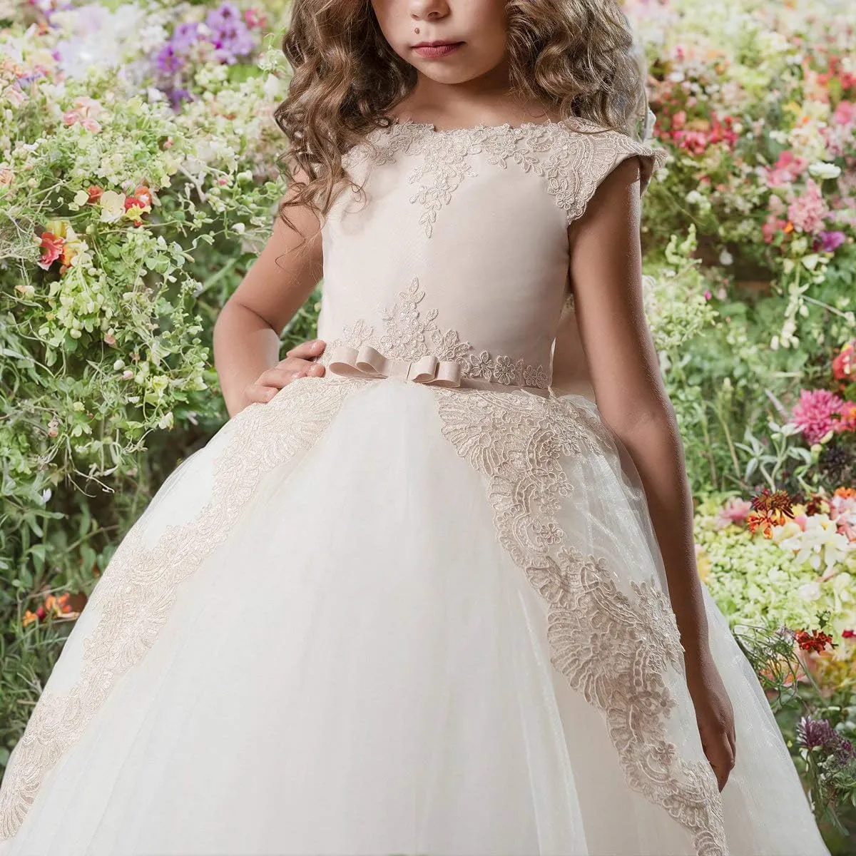 ABAO SISTER Fancy Flower Girl Dress Long Lace Pageant Puffy Tulle Ball Gown