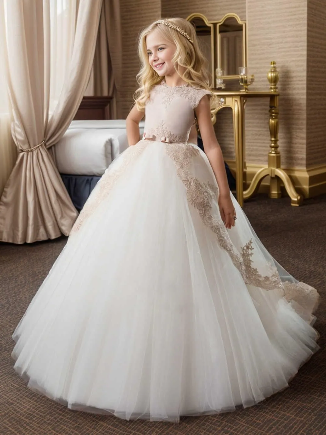 ABAO SISTER Fancy Flower Girl Dress Long Lace Pageant Puffy Tulle Ball Gown
