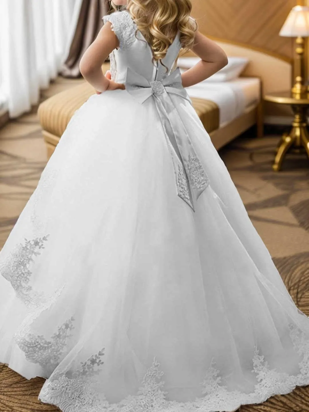 ABAO SISTER Fancy Flower Girl Dress Long Lace Pageant Puffy Tulle Ball Gown