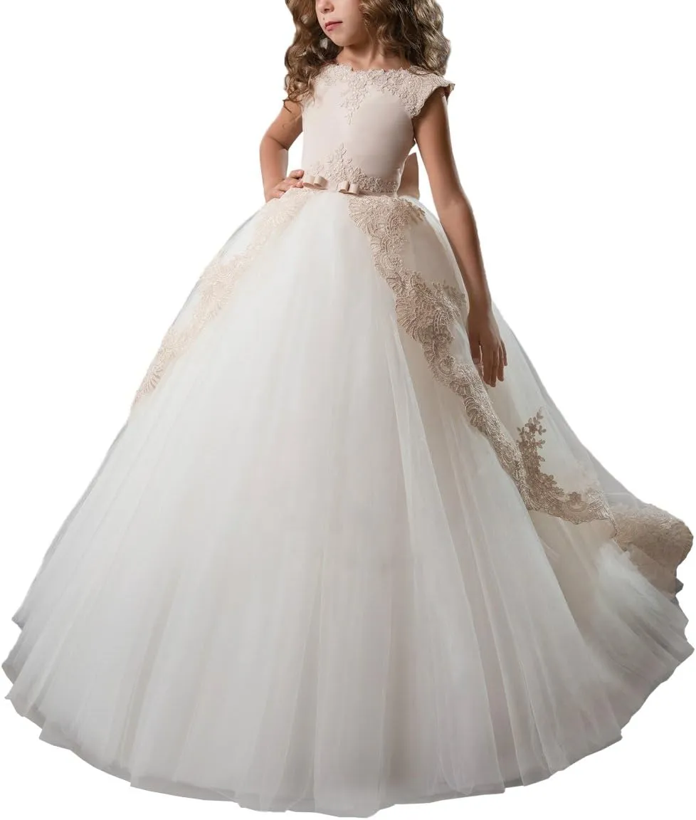 ABAO SISTER Fancy Flower Girl Dress Long Lace Pageant Puffy Tulle Ball Gown