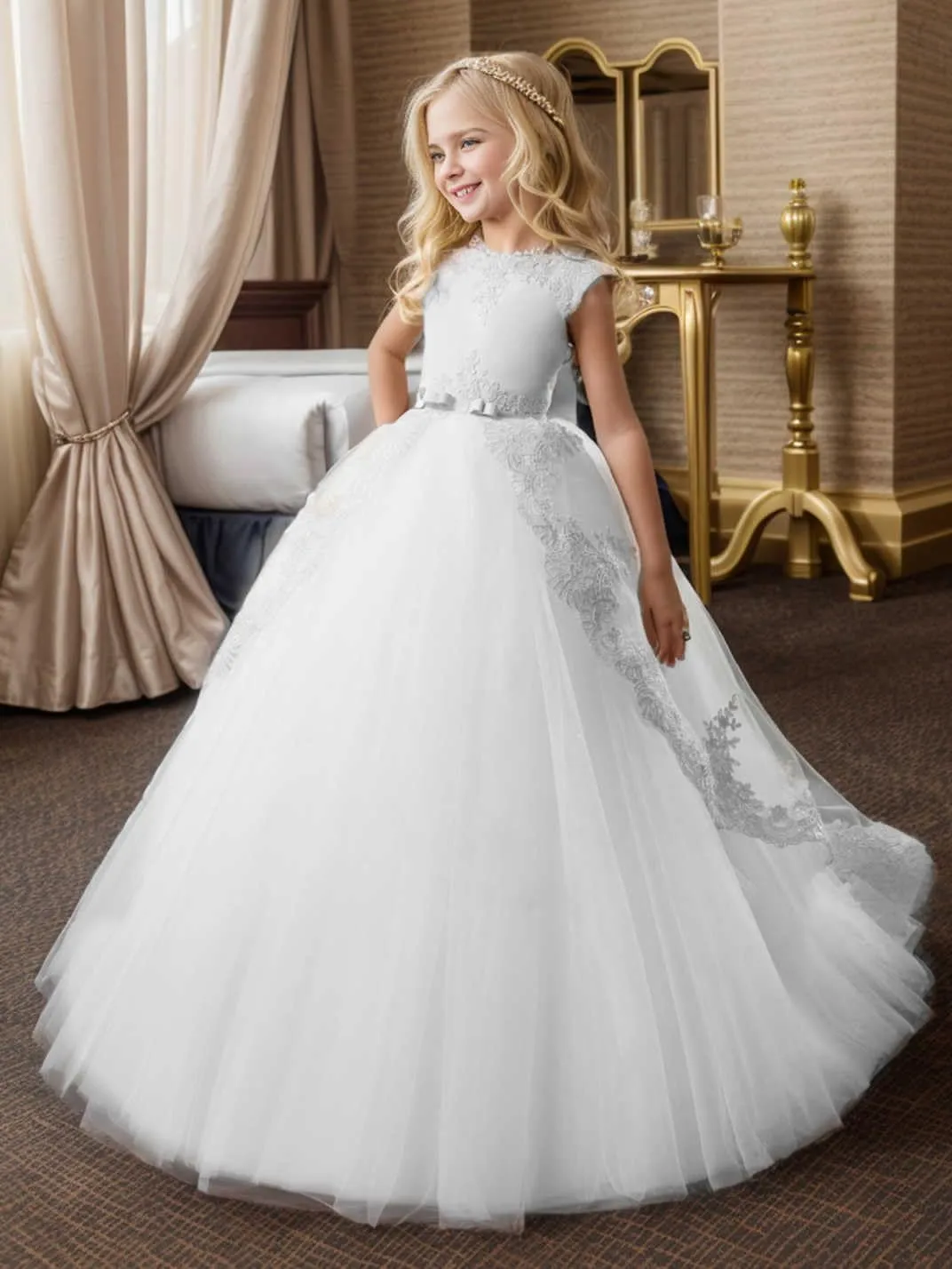 ABAO SISTER Fancy Flower Girl Dress Long Lace Pageant Puffy Tulle Ball Gown