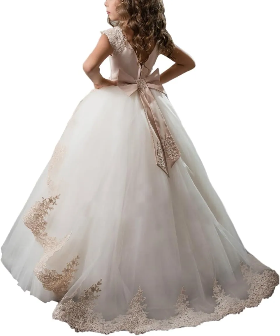 ABAO SISTER Fancy Flower Girl Dress Long Lace Pageant Puffy Tulle Ball Gown