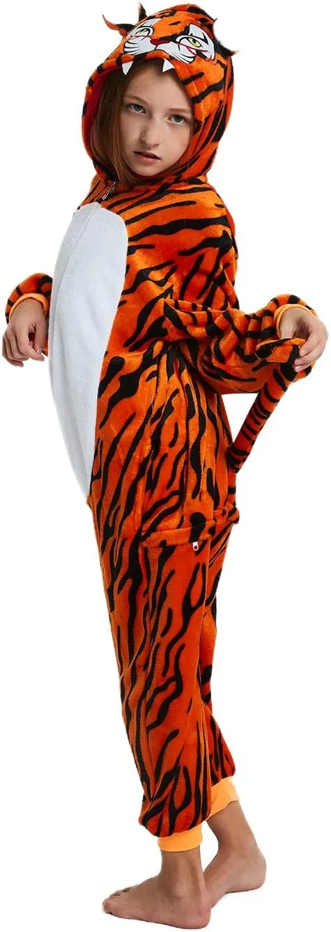 ABENCA Fleece Kids Tiger Onesie Pajamas Christmas Halloween Animal Cosplay Sleepwear Costume