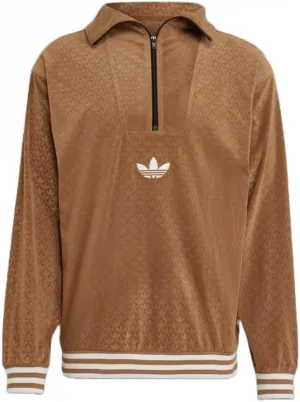 ADIDAS ORIGINALS MEN'S ADICOLOR HERITAGE MONOGRAM NOW FUNNEL VELOUR 1/2 ZIP SWEATER, BROWN DESERT, MEDIUM