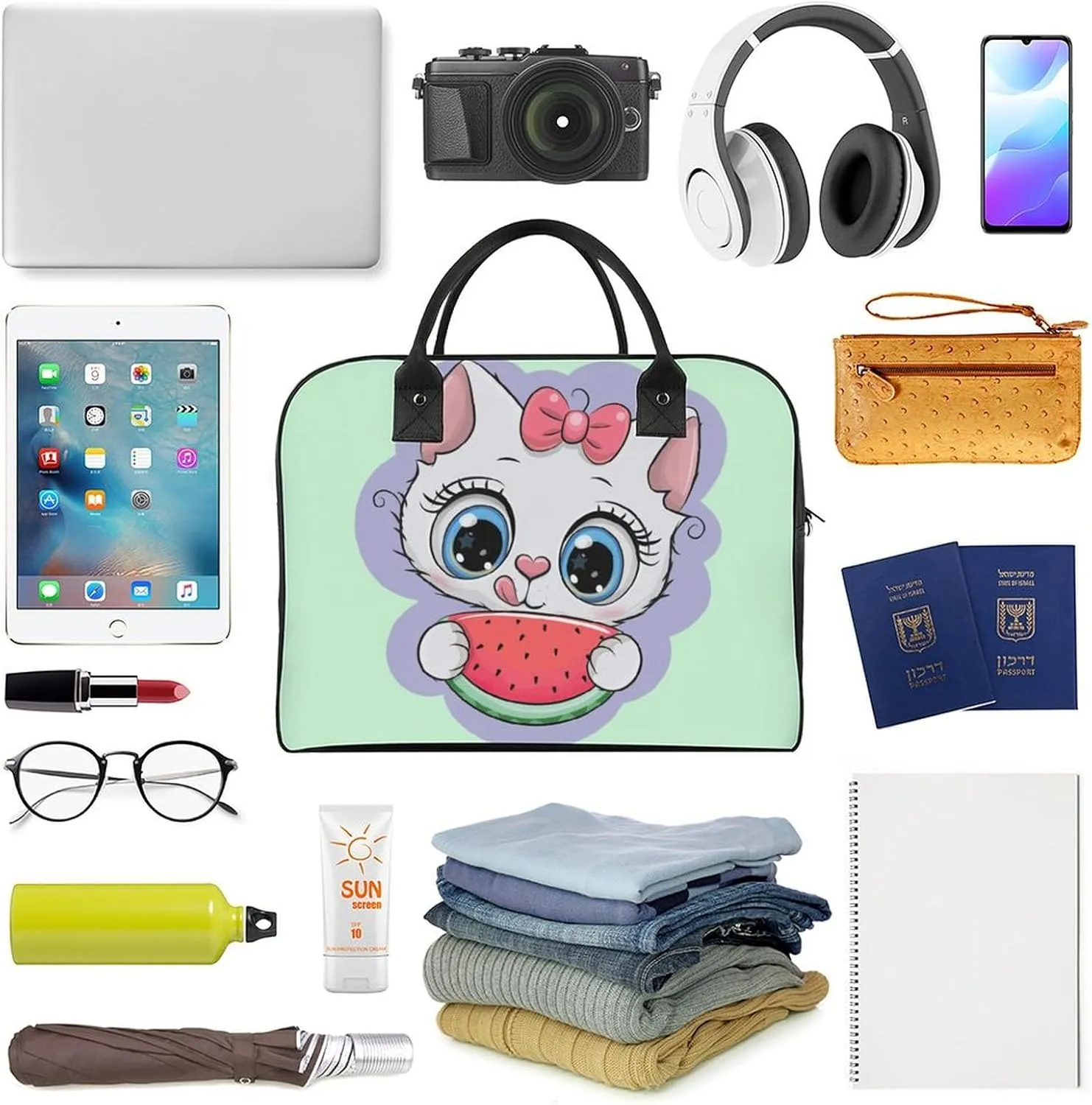 Adult Crossbody Nylon Cat Eat Watermelon Elegant Handbag for Journey 13" X 19" X 8"