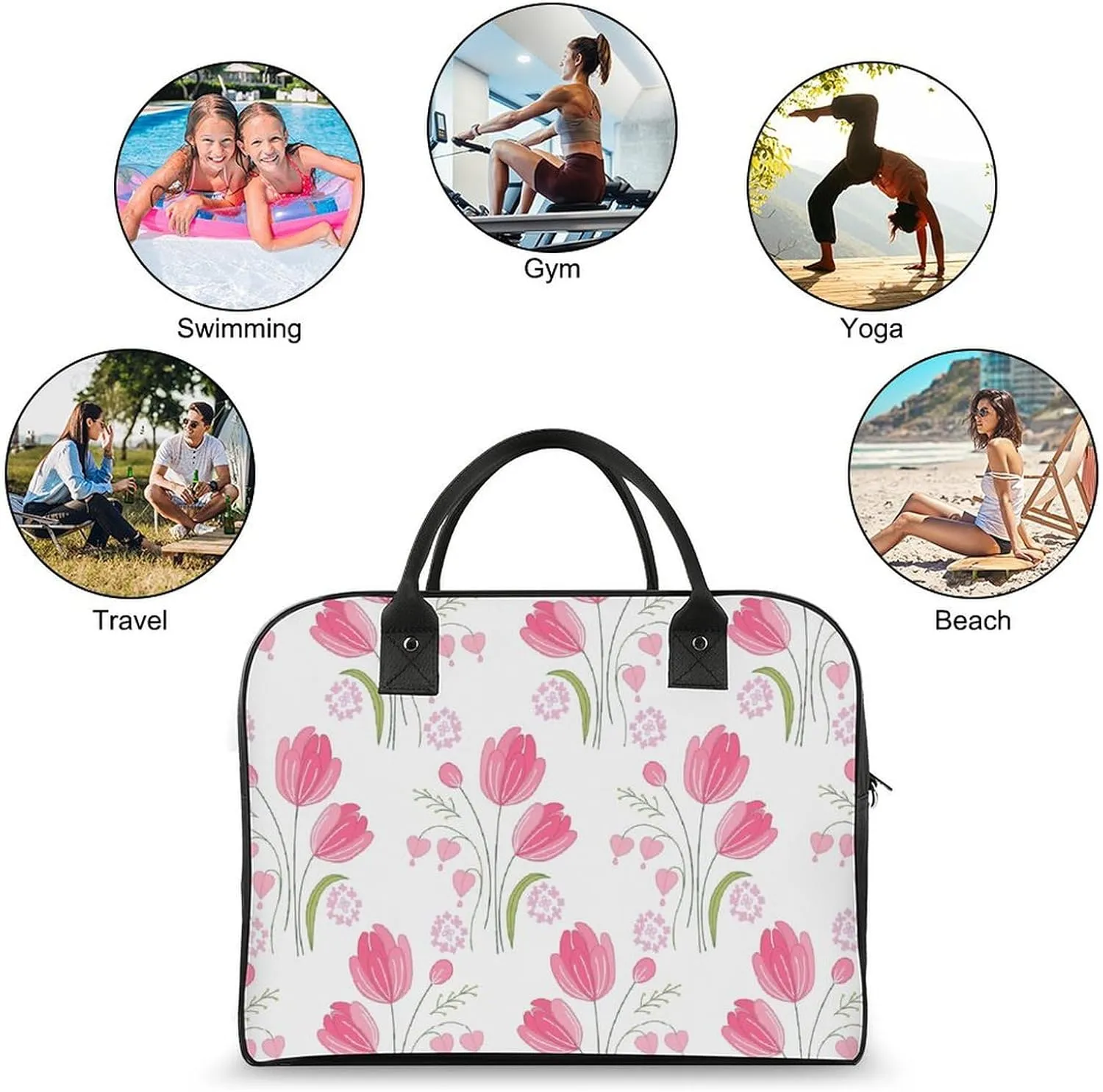 Adult High-capacity Nylon Pink Blue Florals Vintage Handbag for Touring 13" X 19" X 8"
