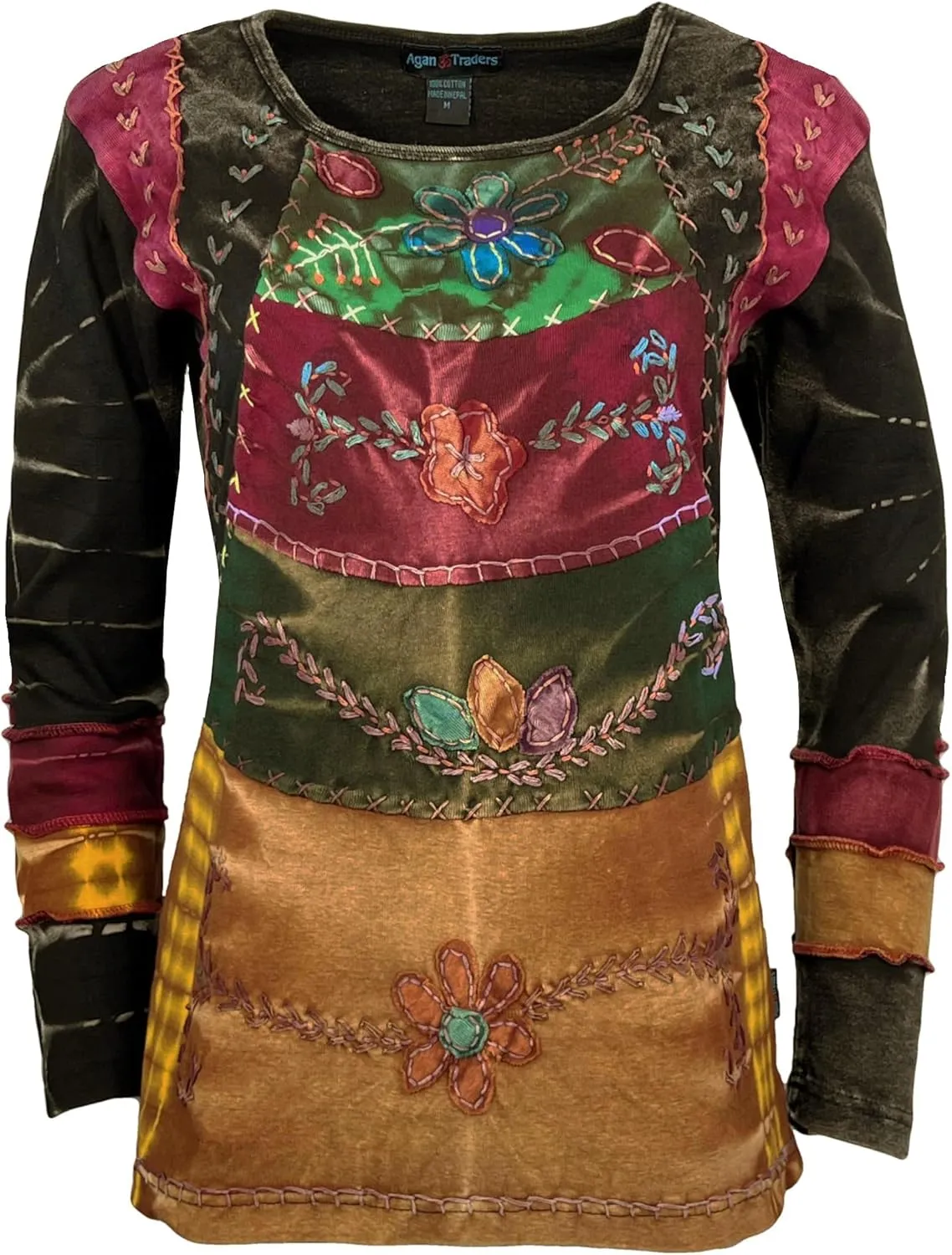 Agan Traders Women's 2025 Spring Rib Knit Cotton Stonewashed Patched Tie Dye Long Sleeve Bohemian Embroidered Top Blouses
