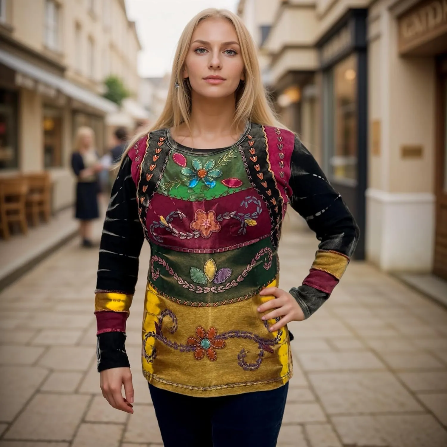 Agan Traders Women's 2025 Spring Rib Knit Cotton Stonewashed Patched Tie Dye Long Sleeve Bohemian Embroidered Top Blouses