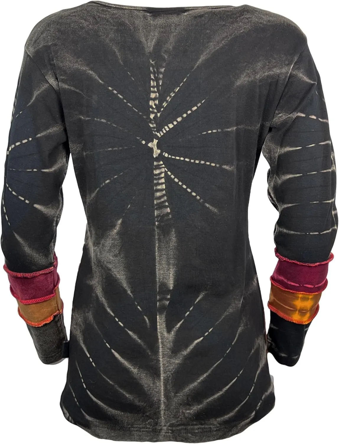 Agan Traders Women's 2025 Spring Rib Knit Cotton Stonewashed Patched Tie Dye Long Sleeve Bohemian Embroidered Top Blouses