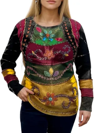 Agan Traders Women's 2025 Spring Rib Knit Cotton Stonewashed Patched Tie Dye Long Sleeve Bohemian Embroidered Top Blouses