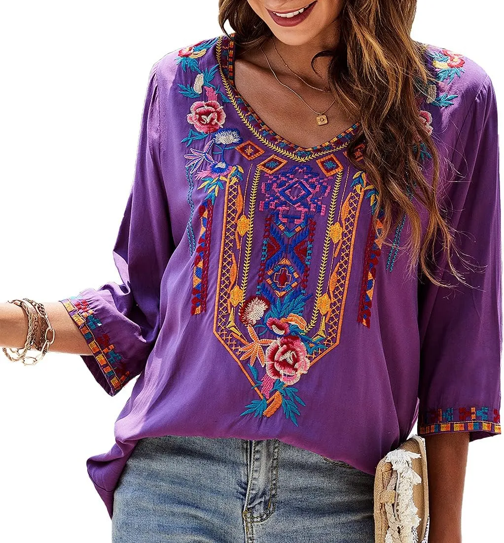 AK Embroidered Tops for Women 3/4 Sleeve Peasant Blouse Mexican Shirts V Neck Traditional Tunic Casual Tops