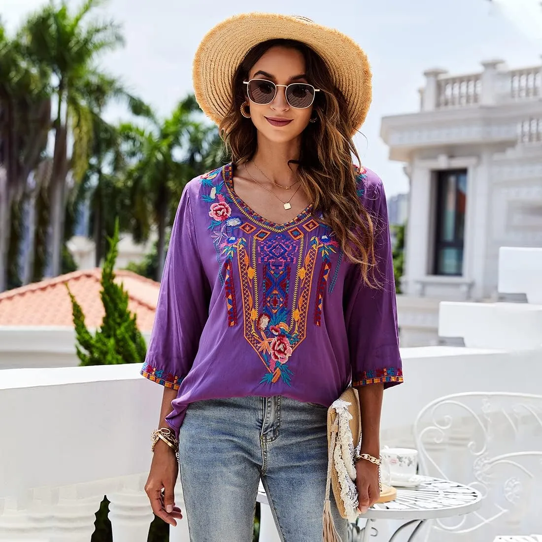 AK Embroidered Tops for Women 3/4 Sleeve Peasant Blouse Mexican Shirts V Neck Traditional Tunic Casual Tops