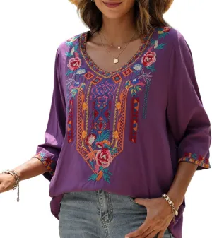 AK Embroidered Tops for Women 3/4 Sleeve Peasant Blouse Mexican Shirts V Neck Traditional Tunic Casual Tops