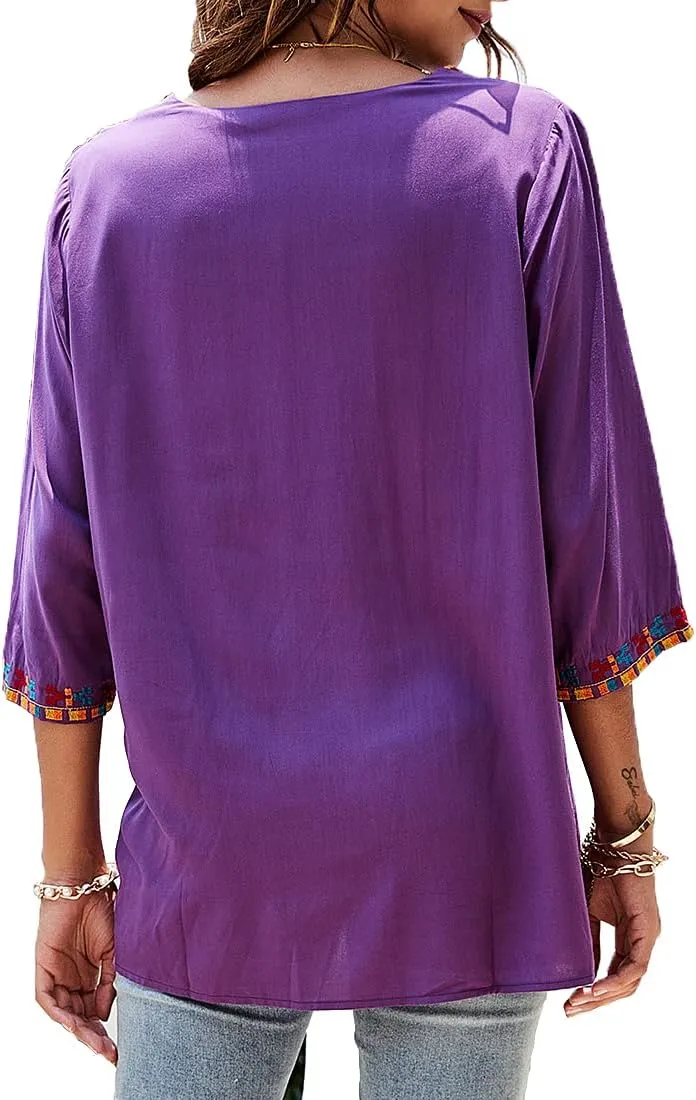 AK Embroidered Tops for Women 3/4 Sleeve Peasant Blouse Mexican Shirts V Neck Traditional Tunic Casual Tops