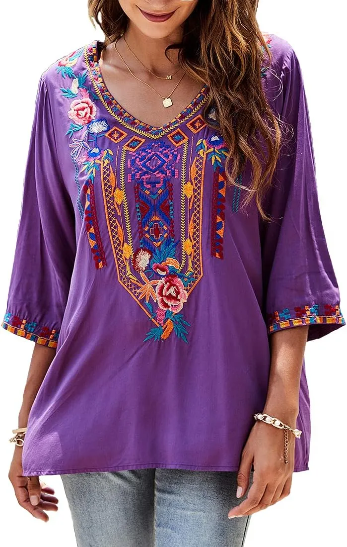 AK Embroidered Tops for Women 3/4 Sleeve Peasant Blouse Mexican Shirts V Neck Traditional Tunic Casual Tops