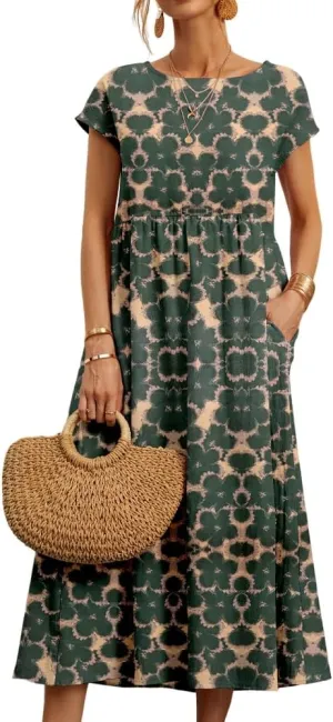 Akivide Women's Summer Cotton Linen Floral Printed Short Sleeve Dress Crew Neck Loose Casual Beach Dresses with Pockets