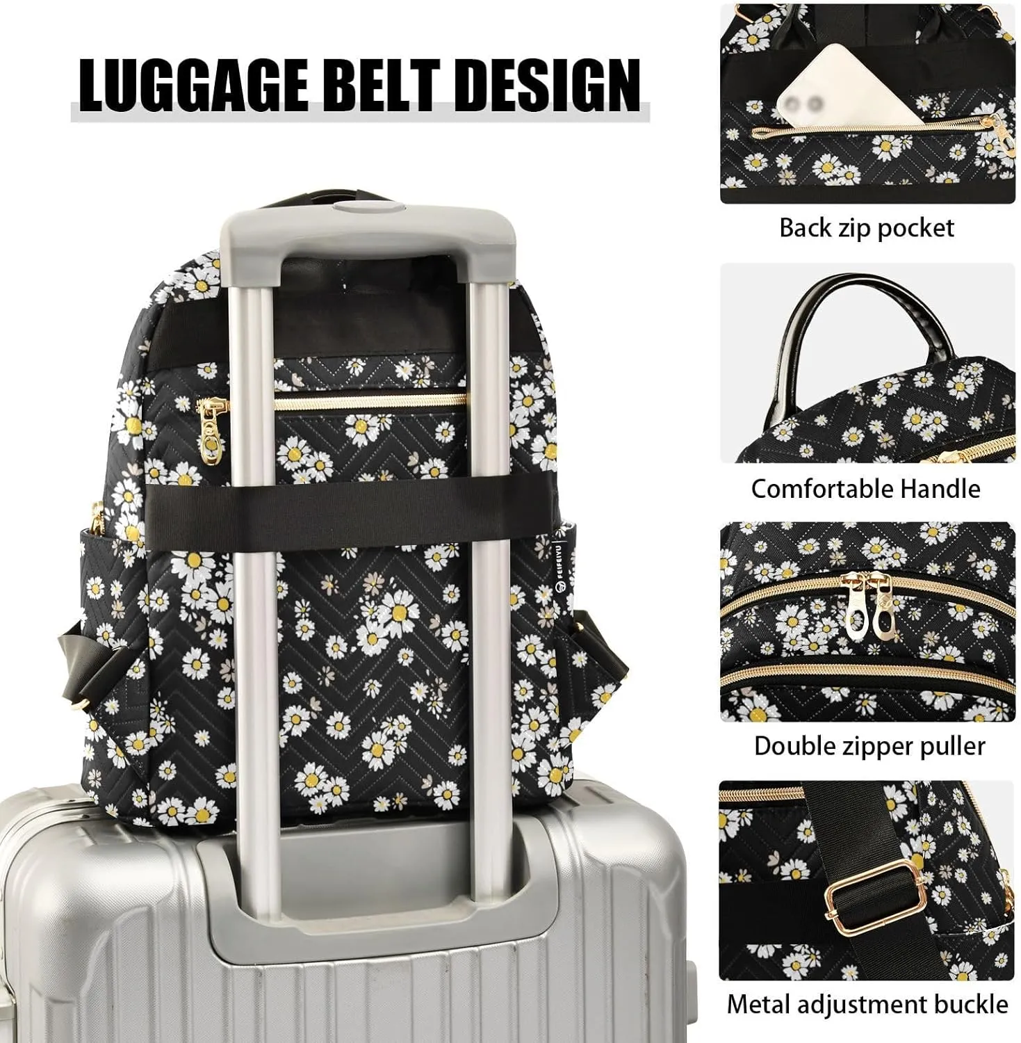 ALAZA Beautiful Daisy Flowers Floral Black Mini Backpack Purse for Women Travel Bag Fashion Daypack Back Pack Shoulder Bag