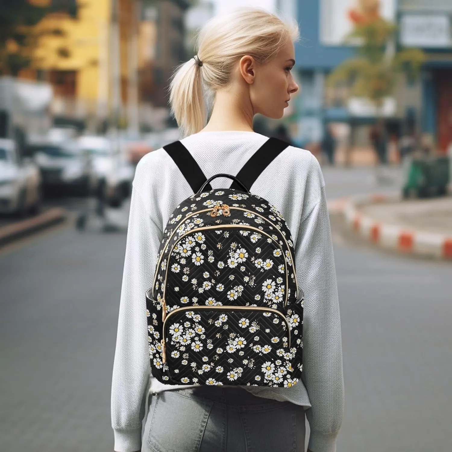 ALAZA Beautiful Daisy Flowers Floral Black Mini Backpack Purse for Women Travel Bag Fashion Daypack Back Pack Shoulder Bag