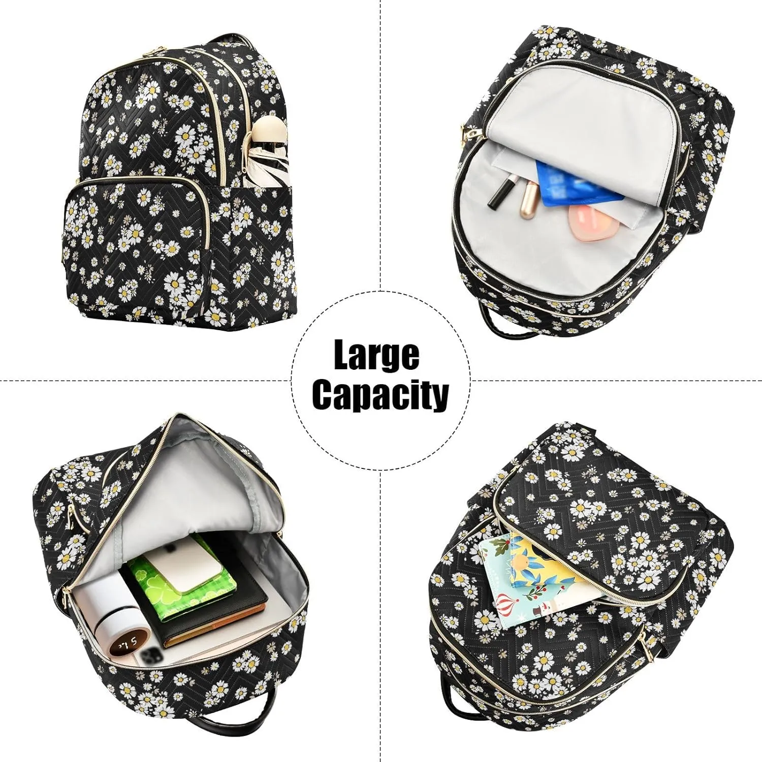 ALAZA Beautiful Daisy Flowers Floral Black Mini Backpack Purse for Women Travel Bag Fashion Daypack Back Pack Shoulder Bag