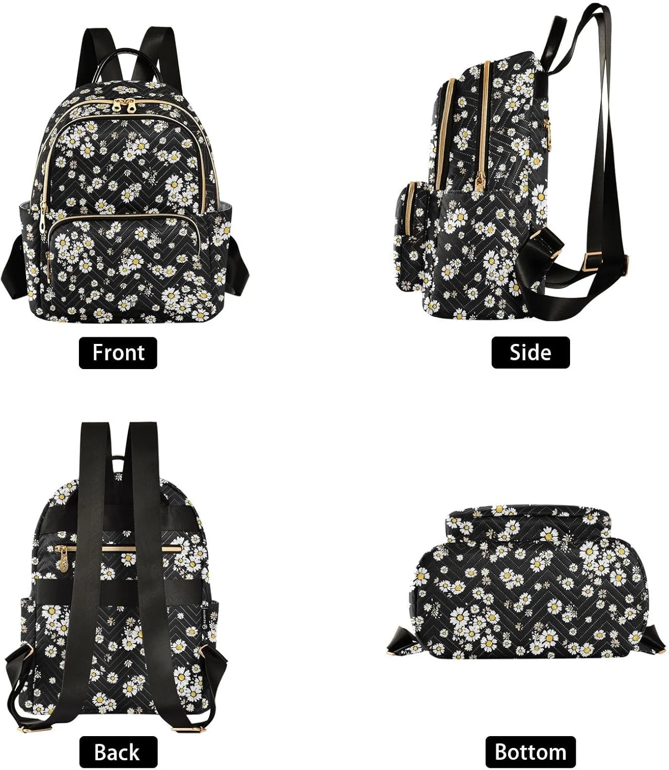 ALAZA Beautiful Daisy Flowers Floral Black Mini Backpack Purse for Women Travel Bag Fashion Daypack Back Pack Shoulder Bag