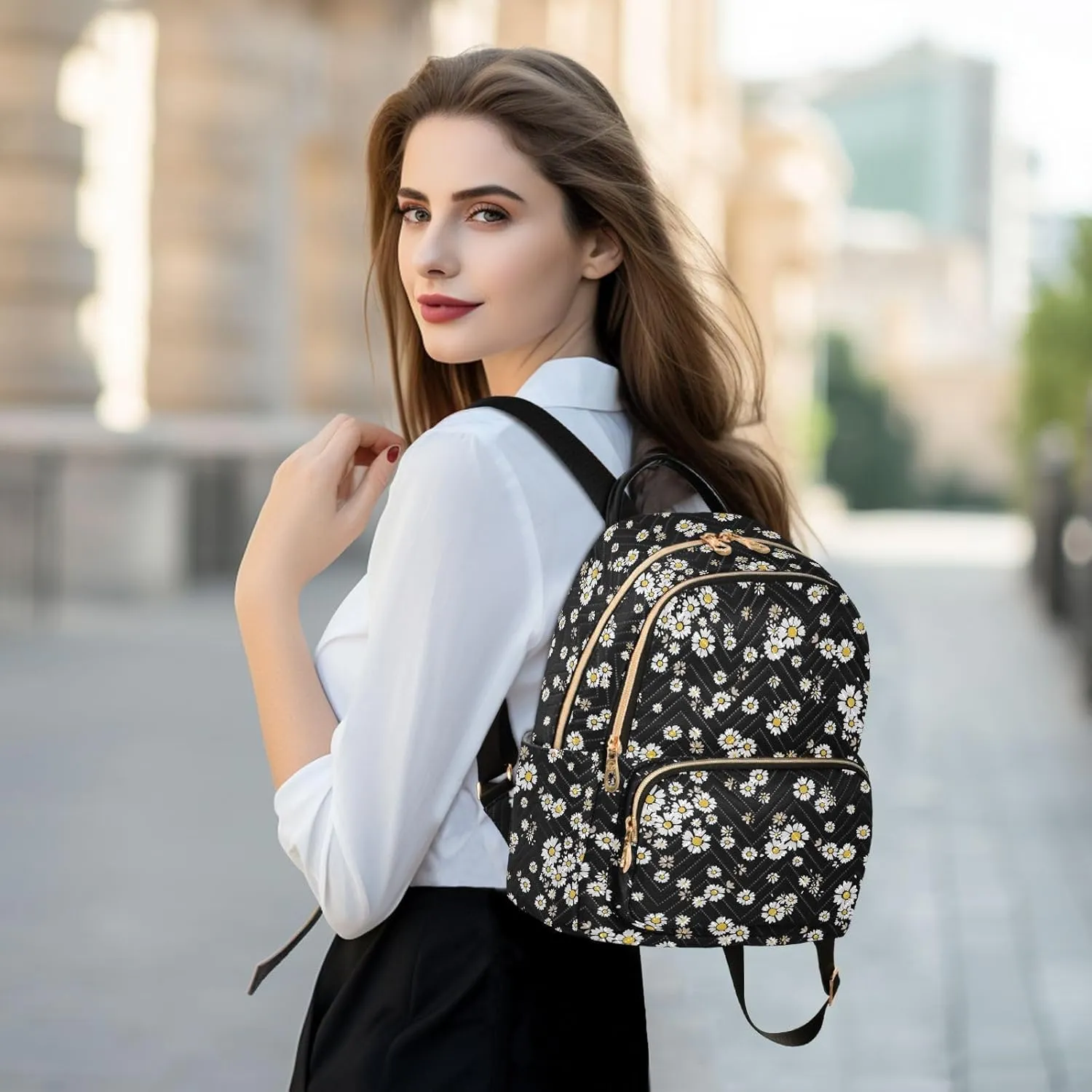 ALAZA Beautiful Daisy Flowers Floral Black Mini Backpack Purse for Women Travel Bag Fashion Daypack Back Pack Shoulder Bag