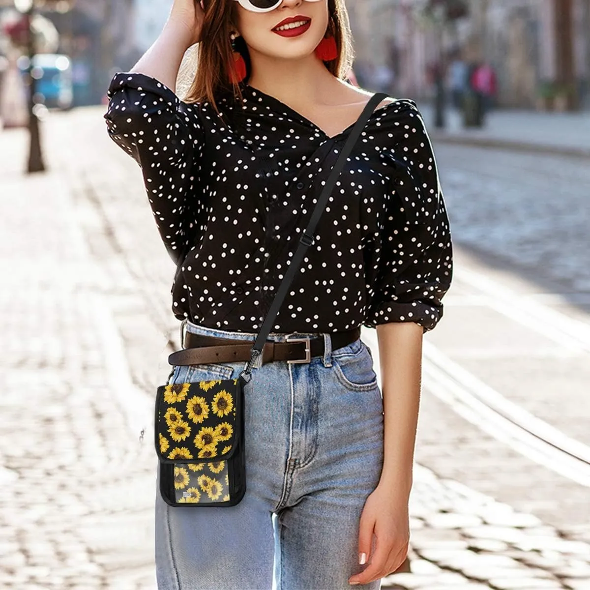 ALAZA Sunflower Print Floral Balck Small Crossbody Wallet Purse Flower Floral Cell Phone Bag Rfid Passport Holder with Credit Card Slots