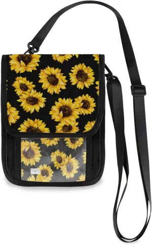 ALAZA Sunflower Print Floral Balck Small Crossbody Wallet Purse Flower Floral Cell Phone Bag Rfid Passport Holder with Credit Card Slots