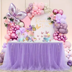 Albassa Purple Tulle Table Skirt for Rectangle or Round Tables 9ft Tutu Table Skirt with LED Light Baby Shower Tablecloth for Birthday Party Cake Dessert Table Decorations (Purple, L9(ft)*H 30in)