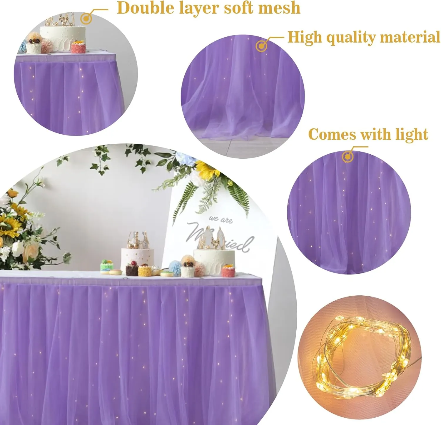 Albassa Purple Tulle Table Skirt for Rectangle or Round Tables 9ft Tutu Table Skirt with LED Light Baby Shower Tablecloth for Birthday Party Cake Dessert Table Decorations (Purple, L9(ft)*H 30in)