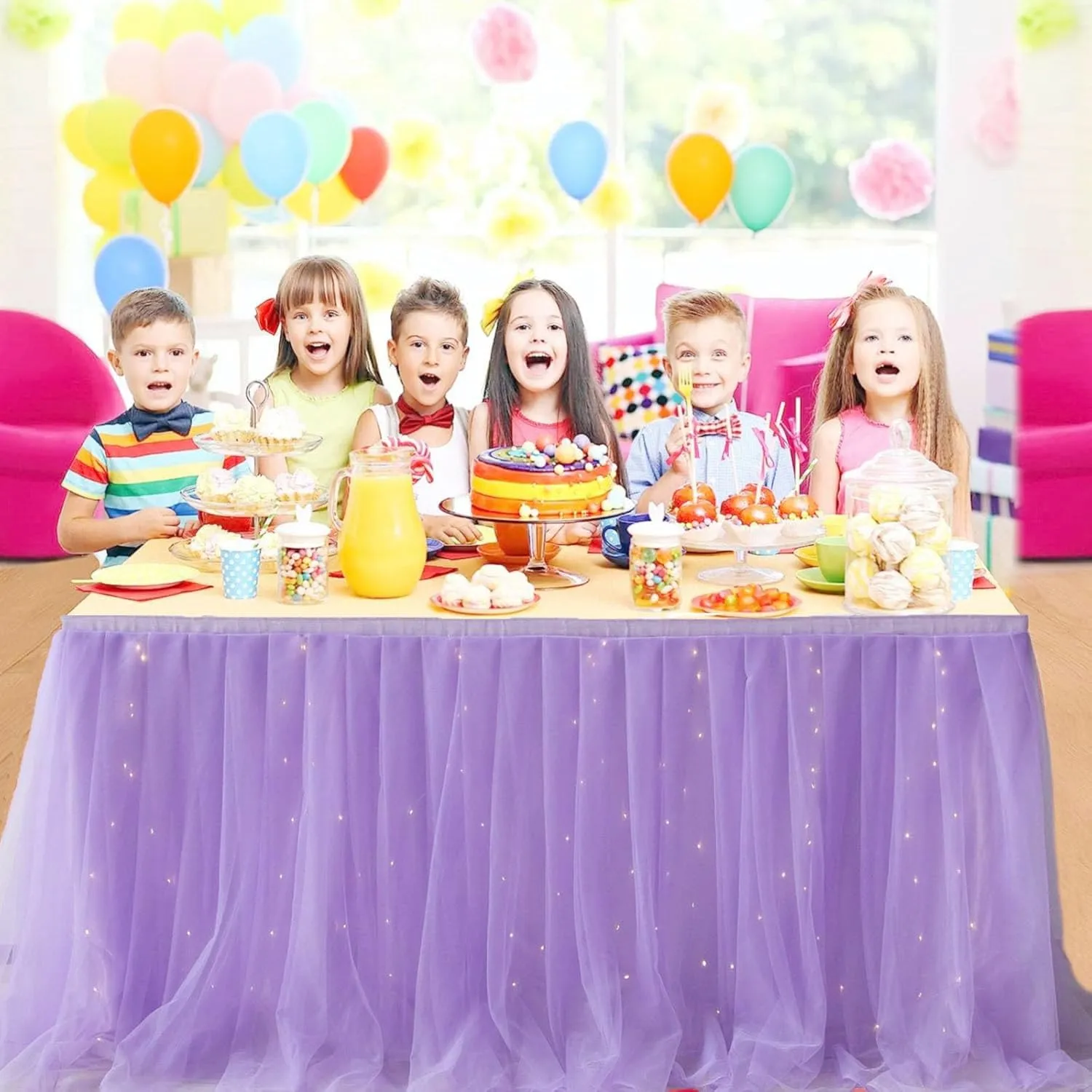 Albassa Purple Tulle Table Skirt for Rectangle or Round Tables 9ft Tutu Table Skirt with LED Light Baby Shower Tablecloth for Birthday Party Cake Dessert Table Decorations (Purple, L9(ft)*H 30in)