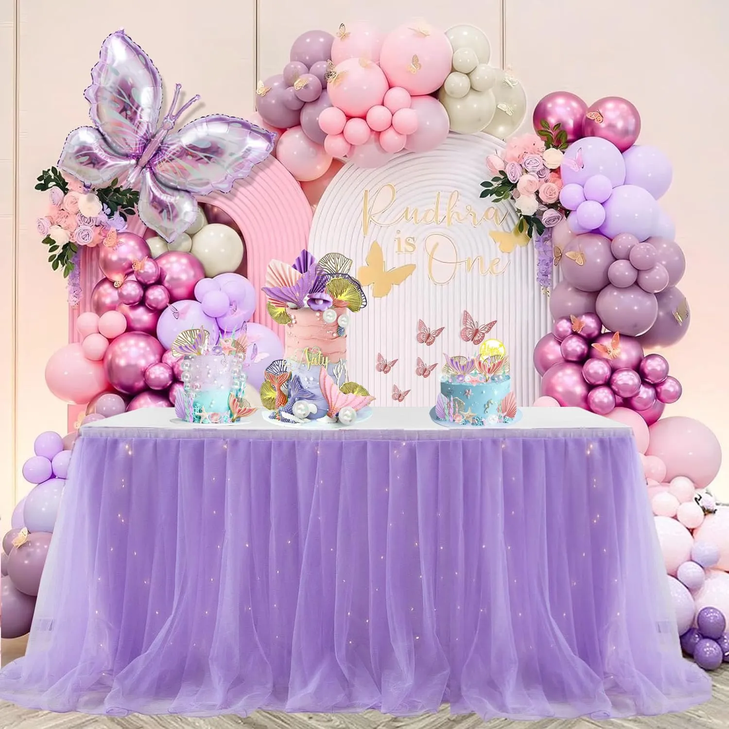Albassa Purple Tulle Table Skirt for Rectangle or Round Tables 9ft Tutu Table Skirt with LED Light Baby Shower Tablecloth for Birthday Party Cake Dessert Table Decorations (Purple, L9(ft)*H 30in)