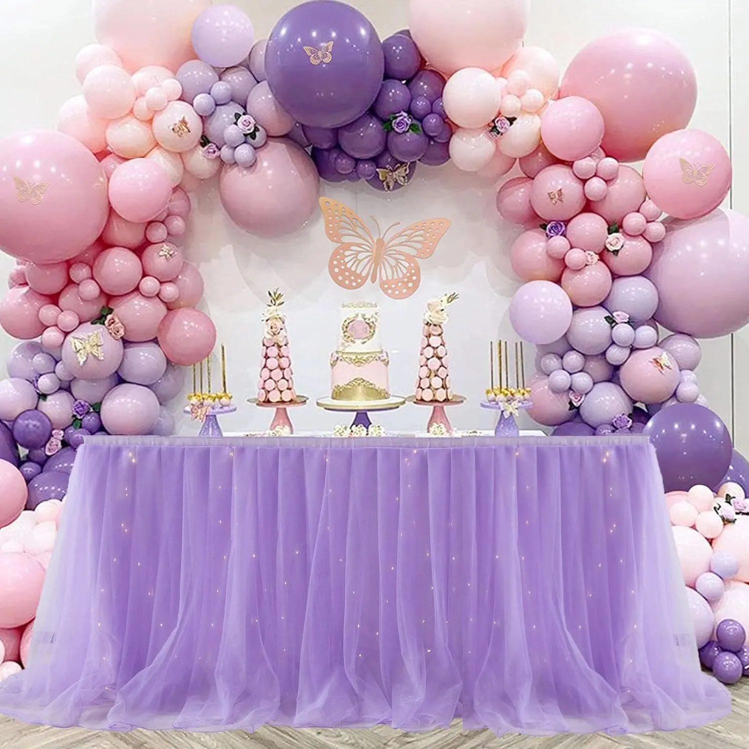 Albassa Purple Tulle Table Skirt for Rectangle or Round Tables 9ft Tutu Table Skirt with LED Light Baby Shower Tablecloth for Birthday Party Cake Dessert Table Decorations (Purple, L9(ft)*H 30in)