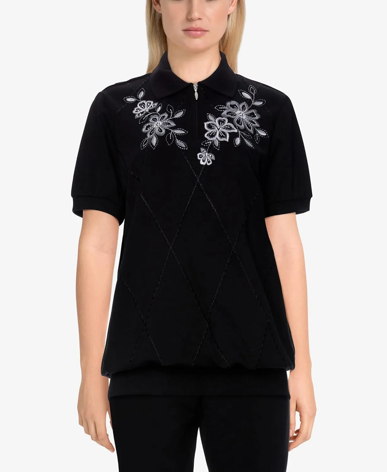 Alfred Dunner Women's Comfort Floral Embroidered Short Sleeve Soft Knit Top