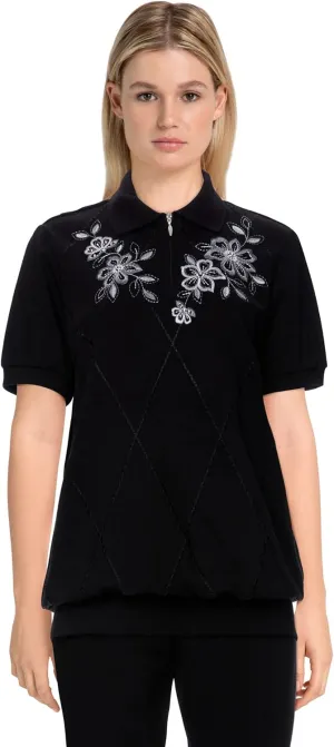 Alfred Dunner Women's Comfort Floral Embroidered Short Sleeve Soft Knit Top