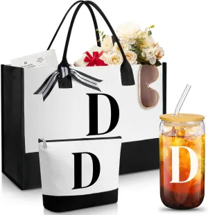 Aliceset Initial Gifts for Women Monogram Canvas Tote Bag and Makeup with Zipper and Initial Glass Coffee Cup Gifts for Her
