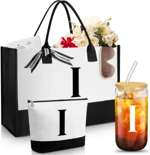Aliceset Initial Gifts for Women Monogram Canvas Tote Bag and Makeup with Zipper and Initial Glass Coffee Cup Gifts for Her